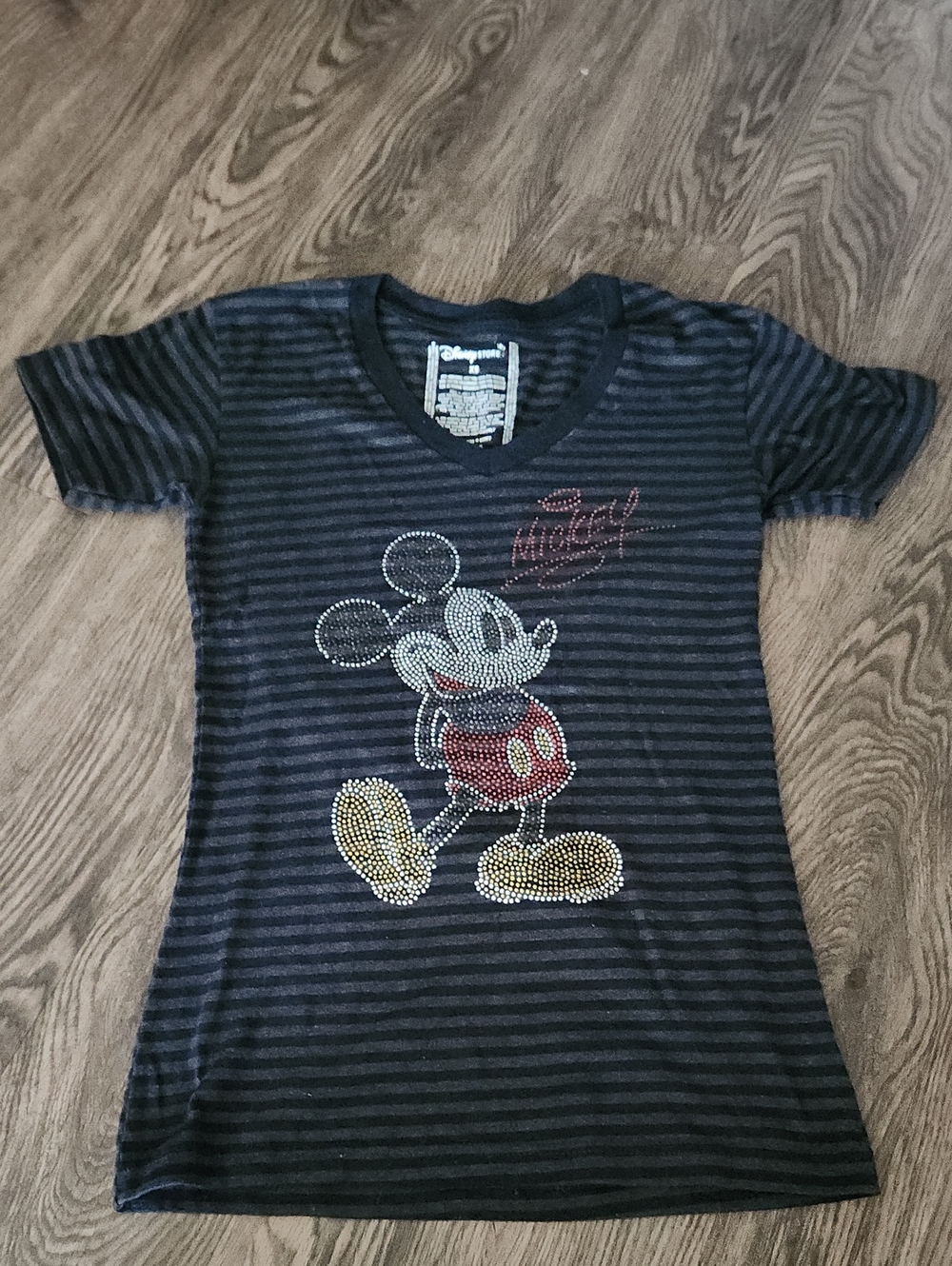 Disney Black & Gray Striped Mickey Mouse Glitter Tee